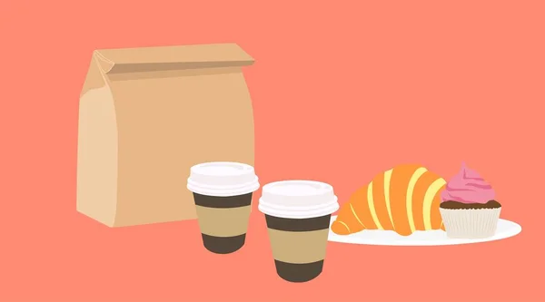 Vector Isolated Illustration Take Away Set Coffee Cups Croissant Ccake — стоковый вектор
