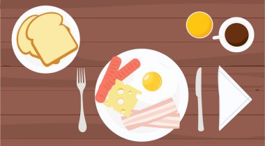 Ekmek, kahve, meyve suyu, yumurta, pastırma, sosis, peynir, tabak, çatal bıçakla yapılan ayrı bir kahvaltı.