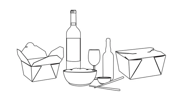 Ilustración Aislada Vectorial Blanco Negro Comida Para Llevar Con Vino — Archivo Imágenes Vectoriales