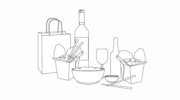 Vector Ilustración Aislada Blanco Negro Comida Para Llevar Con Vino — Archivo Imágenes Vectoriales