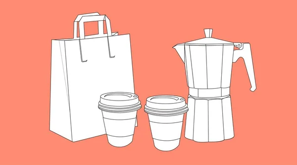 Vektor Linjer Isolerad Illustration Kaffe Take Away Set Med Två — Stock vektor