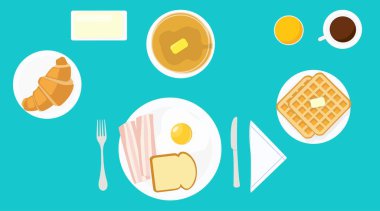 Yağda yumurta, pastırma, ekmek, tost, kruvasan, gözleme, gözleme, waffle, tereyağı, kahve, meyve suyu, çatal, bıçak, tabak..