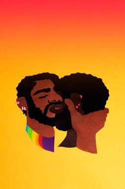 Sarılan siyah adamlar, çok renkli bir arka planda, gradyanı olan kağıttan kesiliyor. El yapımı kağıt sanatının dikey fotoğrafı el işi tasarımın için çekilmişti..