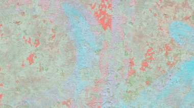 Solmuş yeşil, mavi, pembe ve soluk mor renkli eski bir duvarın arka planı. Sancak. Metin için boşluk var.