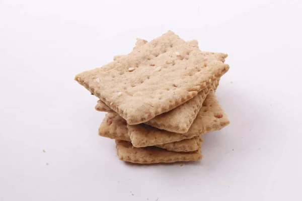 Tasty Crispy Crackers Cookies Isolated White Background — Stock Photo, Image