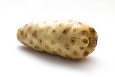 Beyaz arka planda izole edilmiş Noni veya Morinda Citrifolia meyveleri (Rubiaceae Noni, Great morinda, Hindistan dutu, plaj dutu, peynir meyvesi, Gentianales).