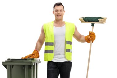 Waste collector holding a garbage bin and a broom isolated on white background clipart