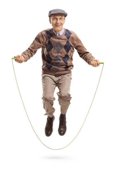 Full Length Portrait Senior Exercising Skipping Rope Isolated White Background — Stock Photo, Image