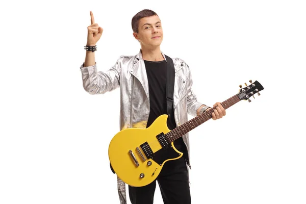 Teenage Rocker Electric Guitar Holding His Index Finger Isolated White — Stock Photo, Image