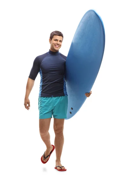 Full Length Portrait Surfer Holding Surfboard Walking Camera Isolated White — Stock Photo, Image