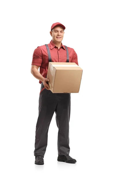 Full Length Portrait Mover Holding Package Isolated White Background — Stock Photo, Image