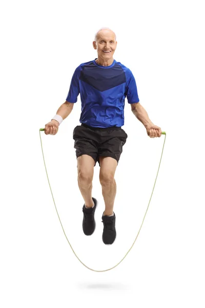 Full Length Portrait Elderly Man Sportswear Exercising Skipping Rope Isolated — Stock Photo, Image