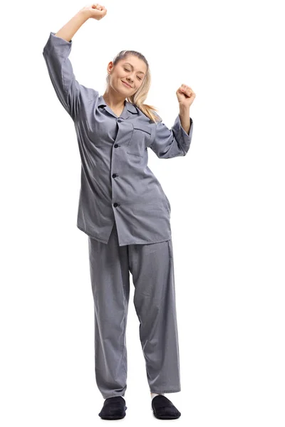Full Length Portrait Young Woman Pajamas Stretching Herself Isolated White — Stock Photo, Image