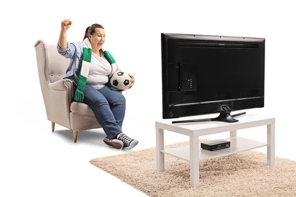 Overjoyed Female Soccer Fan Seated Armchair Watching Football Isolated White — Stock Photo, Image