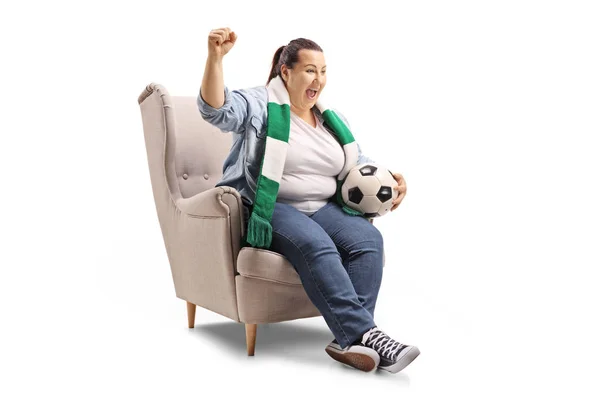 Female Soccer Fan Scarf Football Sitting Armchair Cheering Isolated White — Stock Photo, Image