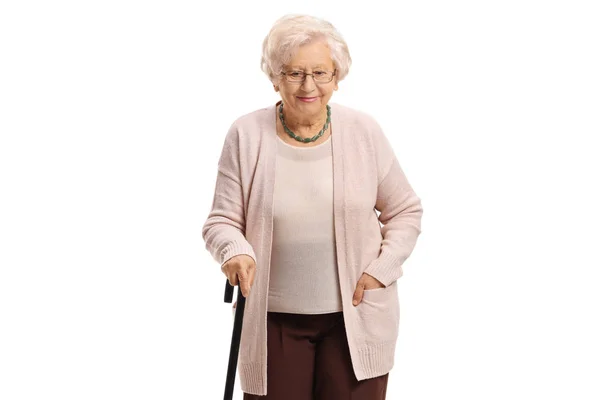 Donna Anziana Con Bastone Passeggio Isolato Sfondo Bianco — Foto Stock