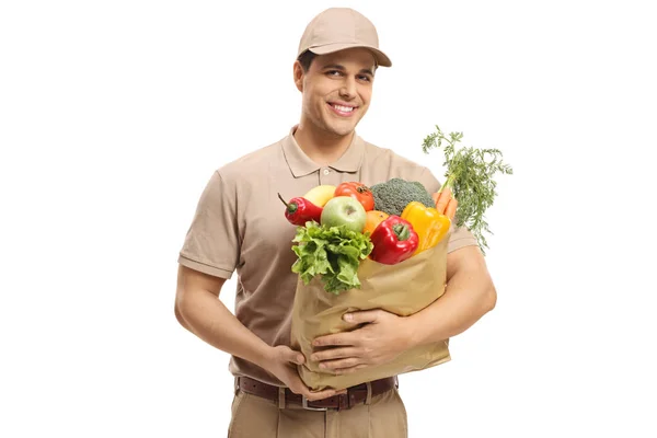 Delivery Guy Holding Bag Groceries Isolated White Background — Stock Photo, Image