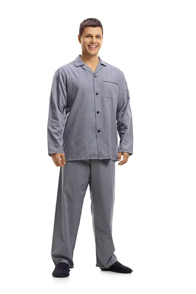 Portret Van Volledige Lengte Van Een Jonge Man Pyjama Glimlachend — Stockfoto
