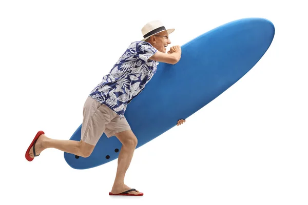 Full Length Profile Shot Elderly Tourist Surfboard Running Isolated White — Stock Photo, Image