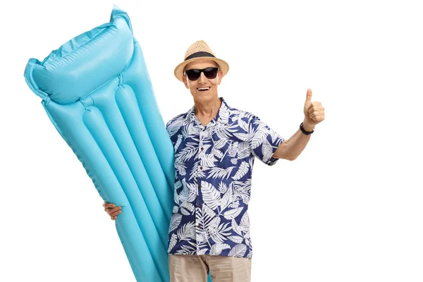 Elderly Tourist Holding Air Mattress Making Thumb Gesture Isolated White — Stock Photo, Image