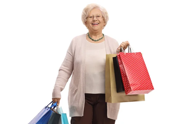 Mulher Madura Com Sacos Compras Isolados Fundo Branco — Fotografia de Stock