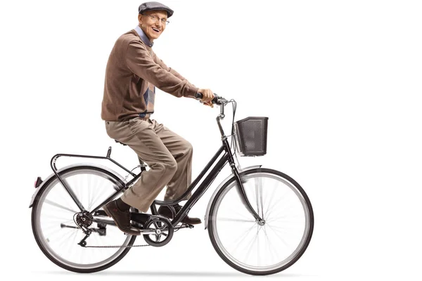 Anciano Montando Una Bicicleta Aislada Sobre Fondo Blanco — Foto de Stock