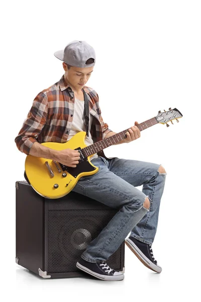 Teenager Electric Guitar Sitting Amplifier Playing Isolated White Background — Stock Photo, Image