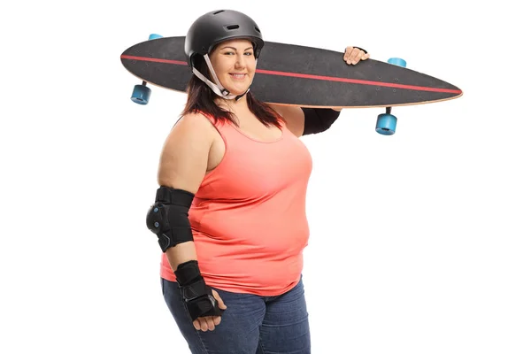 Overweight Woman Longboard Protective Equipment Looking Camera Smiling Isolated White — Stock Photo, Image