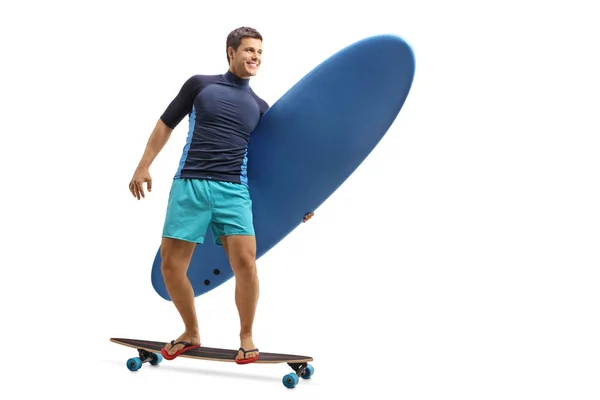 Full Length Portrait Surfer Surfboard Riding Longboard Isolated White Background — Stock Photo, Image
