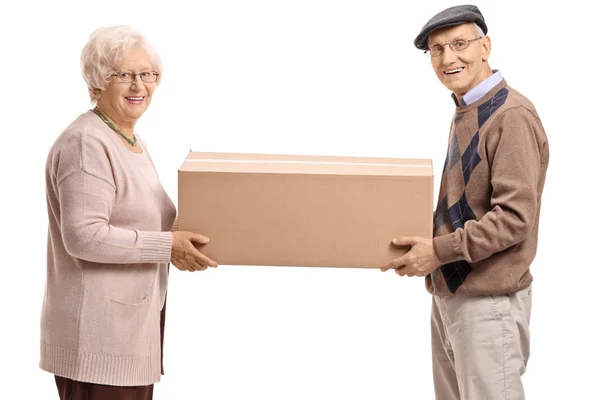 Elderly Man Elderly Woman Holding Big Cardboard Box Isolated White — Stock Photo, Image