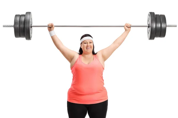 Overgewicht Vrouw Uit Werken Met Een Barbell Geïsoleerd Witte Achtergrond — Stockfoto