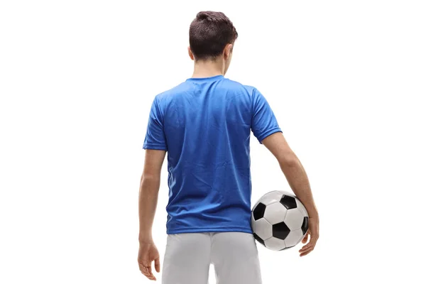 Rear View Shot Teenage Soccer Player Holding Football Isolated White — Stock Photo, Image