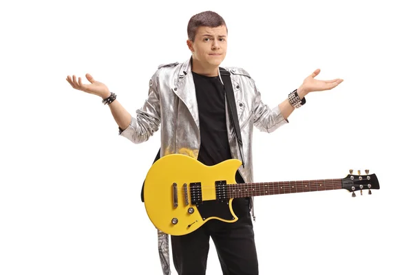 Adolescente Confuso Com Uma Guitarra Elétrica Isolada Fundo Branco — Fotografia de Stock