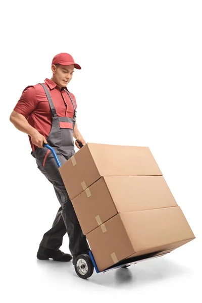 Mover Hand Truck Loaded Boxes Isolated White Background — Stock Photo, Image