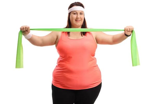 Overweight Woman Working Out Rubber Band Isolated White Background — Stock Photo, Image