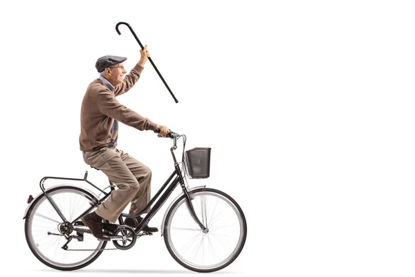 Senior Sosteniendo Bastón Montando Una Bicicleta Aislada Sobre Fondo Blanco — Foto de Stock