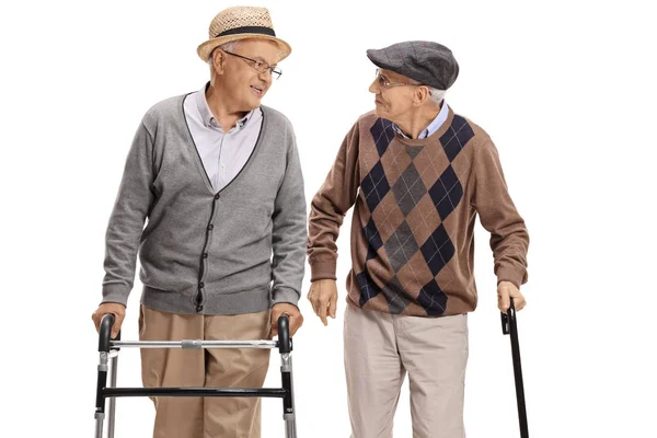 Full Length Portrait Elderly Man Walker Another Man Cane Walking — Stock Photo, Image