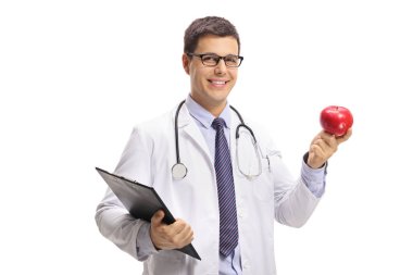 Doktor bir Pano ve beyaz arka plan üzerinde izole bir elma ile