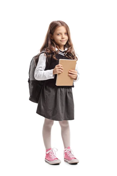 Full Length Portrait Little Schoolgirl Holding Notebook Isolated White Background — Stock Photo, Image