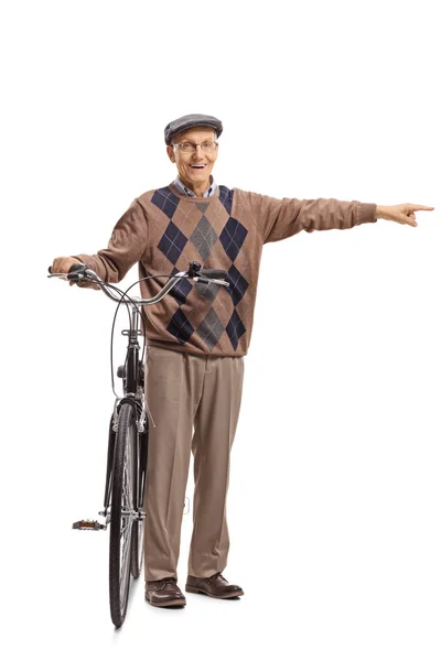 Full Length Portrait Senior Bicycle Pointing Isolated White Background — Stock Photo, Image