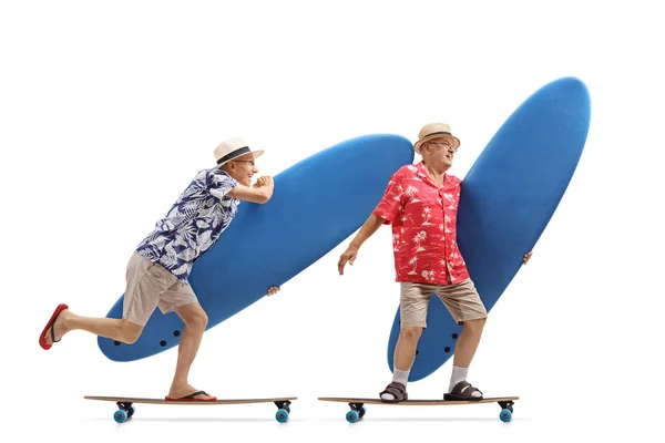 Profilbild Voller Länge Von Zwei Älteren Touristen Mit Surfbrettern Auf — Stockfoto