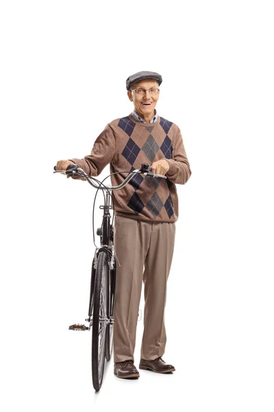 Retrato Completo Anciano Con Una Bicicleta Aislada Sobre Fondo Blanco —  Fotos de Stock