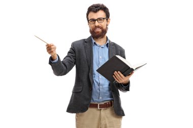 Bir kitap ve beyaz arka plan üzerinde izole bir tahta sopa ile işaret Profesör