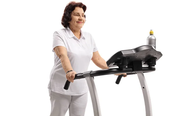 Mature Woman Exercising Treadmill Isolated White Background — Stock Photo, Image
