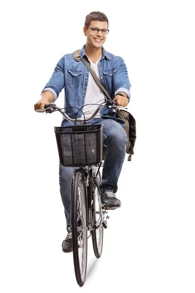 Junger Mann Auf Fahrrad Isoliert Auf Weißem Hintergrund — Stockfoto