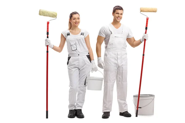 Retrato Completo Una Mujer Pintor Masculino Con Cubos Rodillos Pintura — Foto de Stock