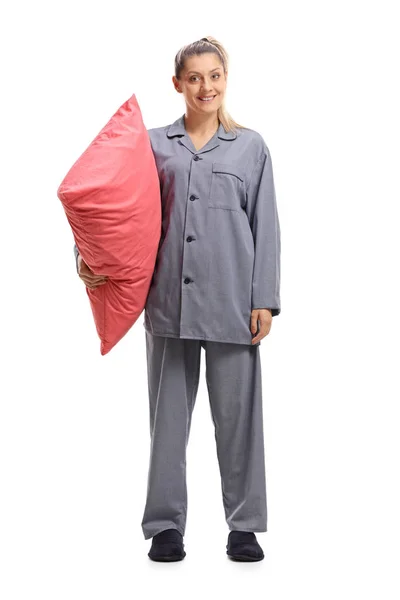 Full Length Portrait Young Woman Pajamas Holding Pillow Isolated White — Stock Photo, Image