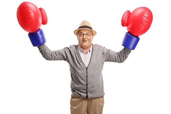 Reifer Mann Mit Großen Boxhandschuhen Der Seinen Bizeps Isoliert Auf — Stockfoto