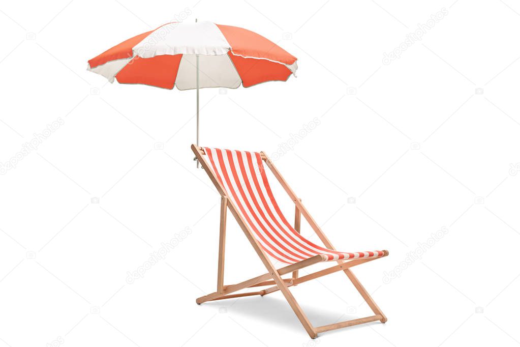 Deck chair with an umbrella isolated on white background