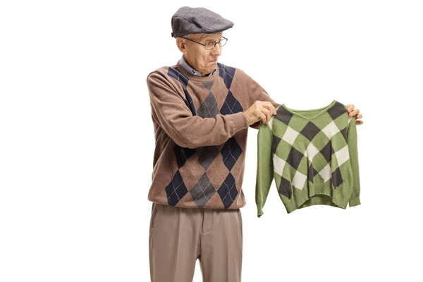 Disappointed Elderly Man Looking Shrunken Blouse Isolated White Background — Stock Photo, Image